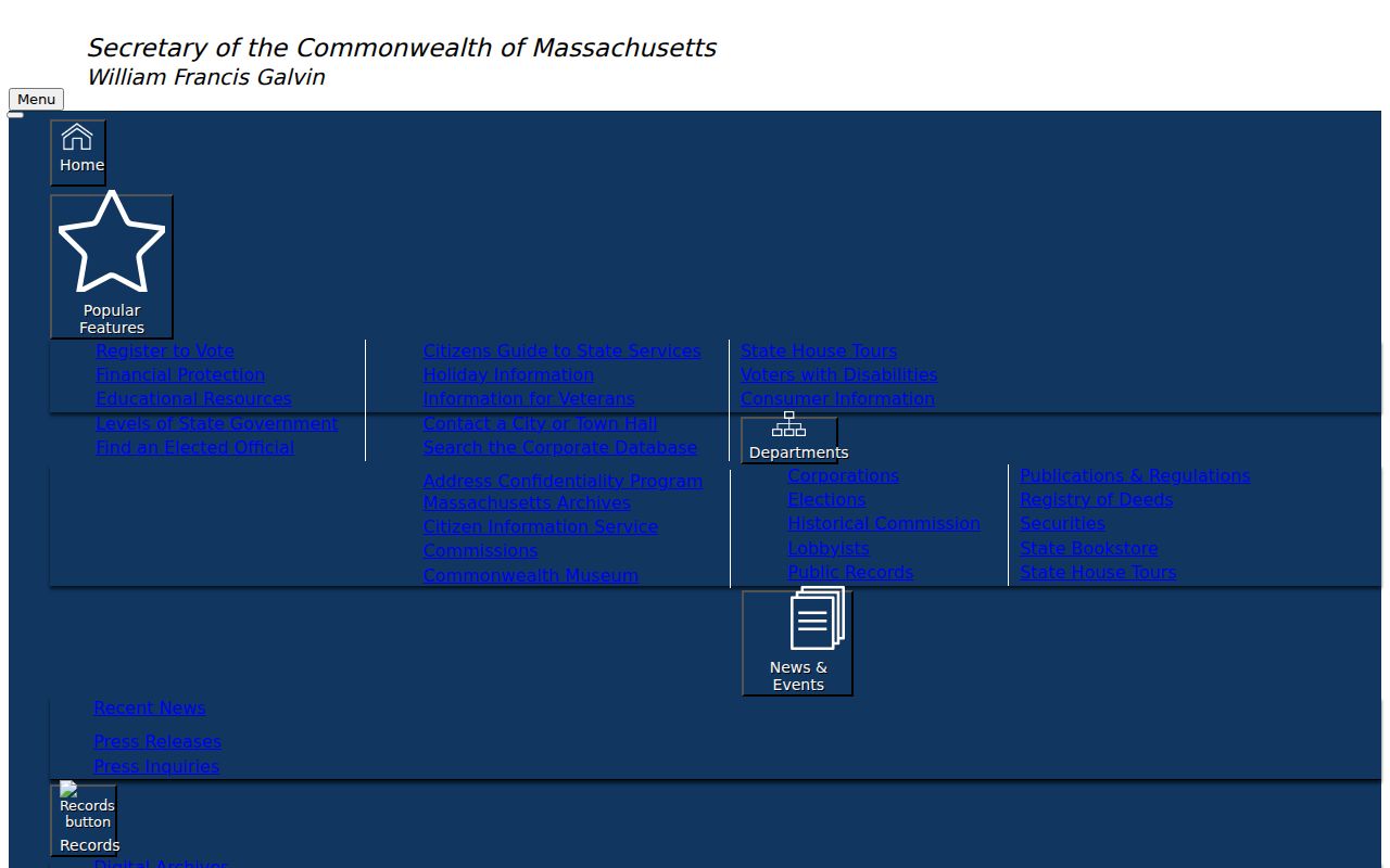 Northampton resident lookup view of Massachusetts corporation search options